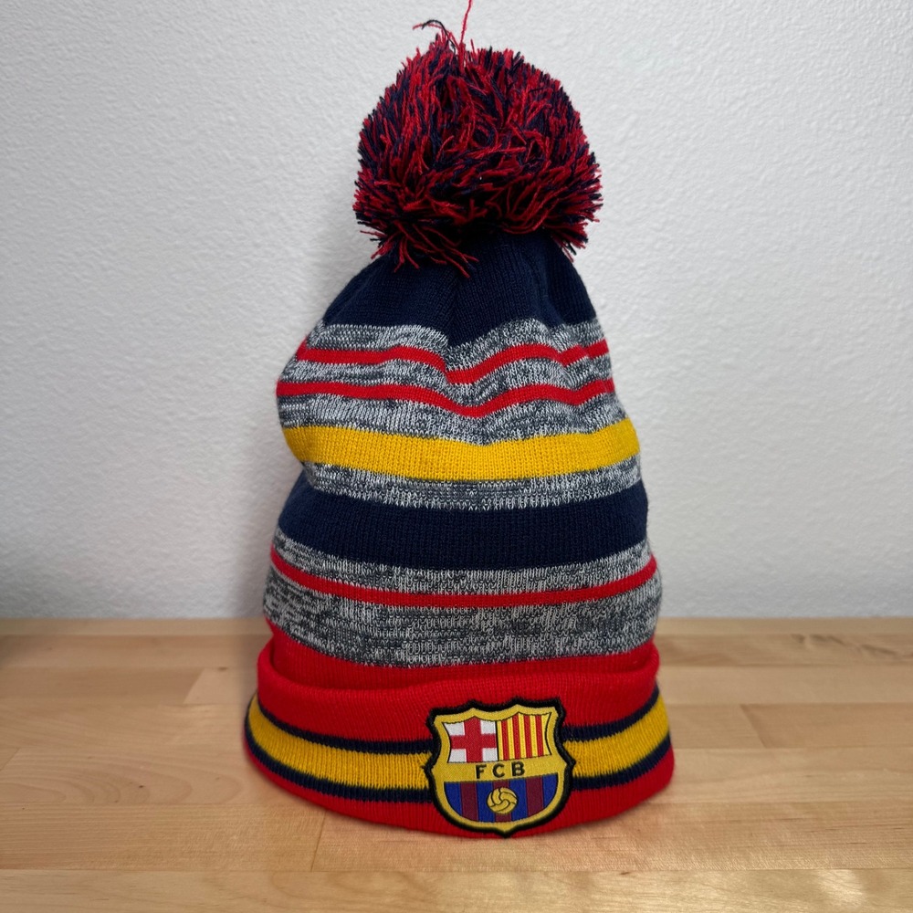 FC Barcelona Striped Knit Beanie Hat Pom Pom Red Navy Yellow Soccer FCB RN150123